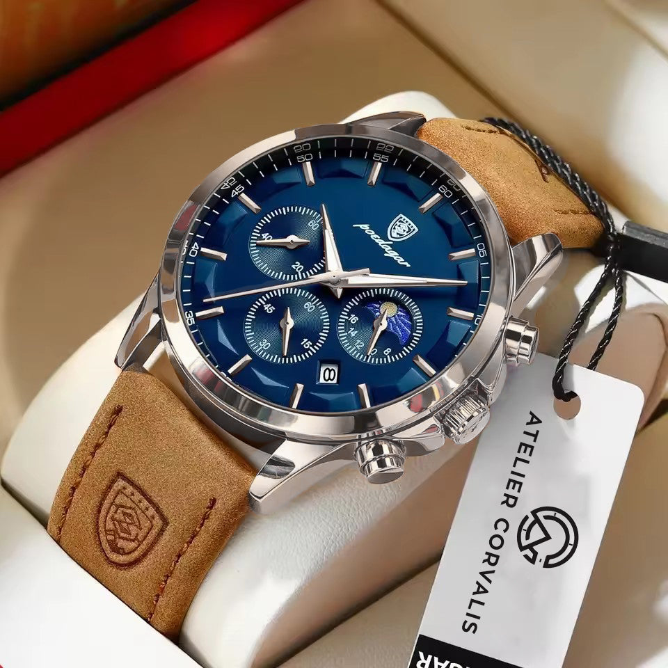 POEDAGAR 928 Men's Watches Hot Sale Chronograph Genuine Leather Waterproof Quartz Watch Luxury Sports Waterproof Watch for Men